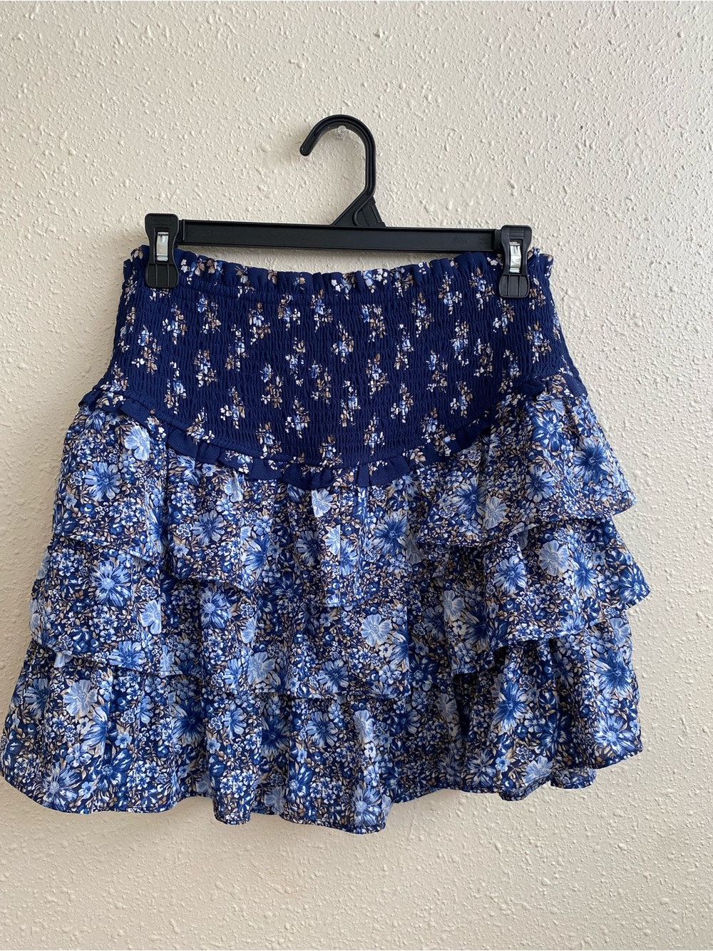 Altar'd State Navy and Light Blue Floral Tiered Mini Skirt